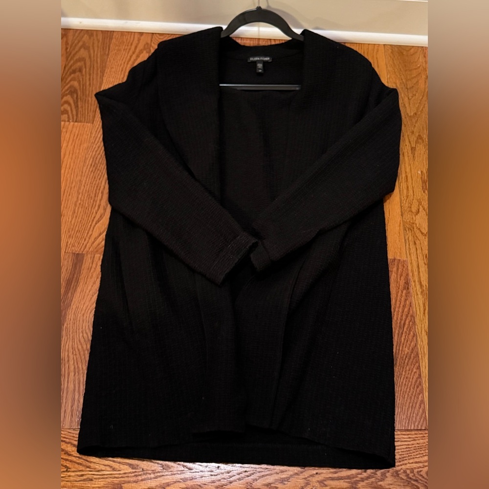 Eileen Fisher Cotton Tencel St Basket Shawl Black Open Front Cardigan Jacket - Picture 3 of 6